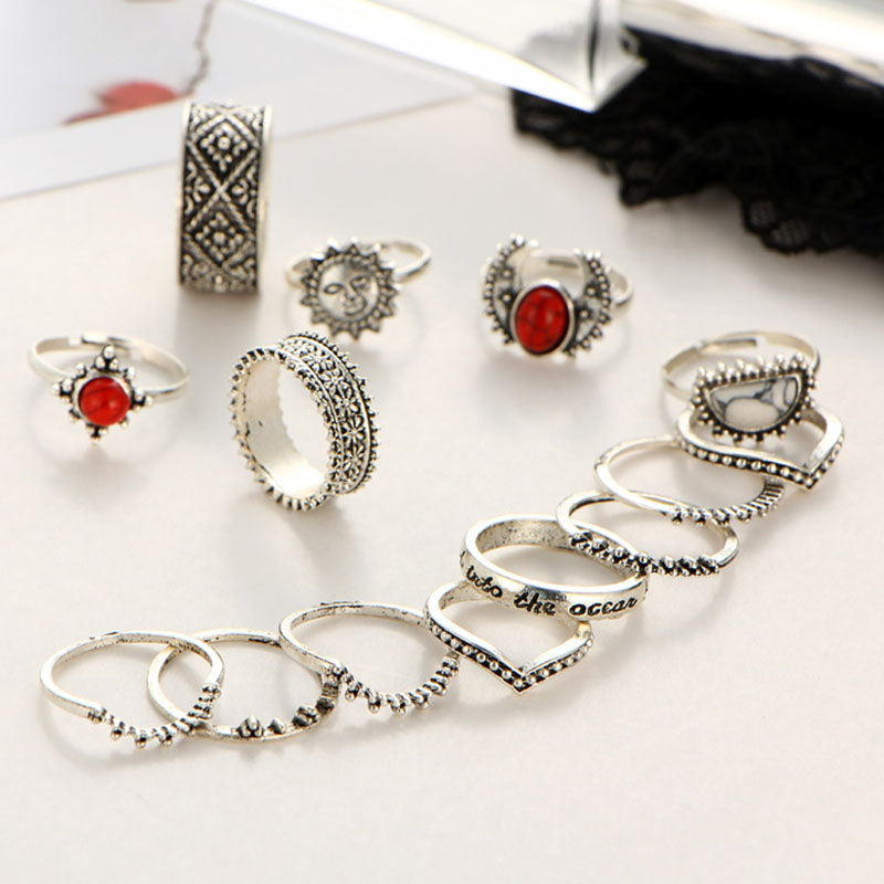 14 Pcs Bohemian Statement Ring Set Turquoise Flower Engraved Knuckle Rings for Women