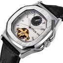 Silver Case Men Watch Moon Phase Business Style Leather Strap Automatic Mechanical Watch