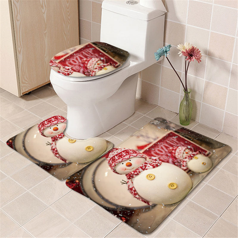 4Pcs Christmas Bathroom Non-Slip Rug+Lid Toilet Covers Bath Mat+Shower Curtain