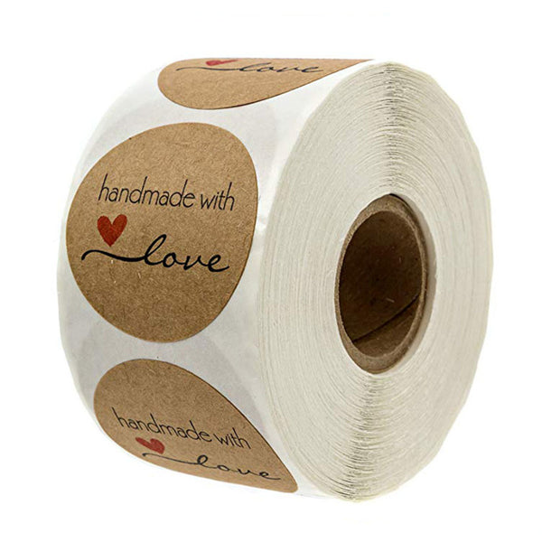 Mrosaa 500pcs/roll 1 Inch Round Kraft Paper Sticky Notes Hand Made With Love With Red Heart Stickers Paper Stationery School Supply