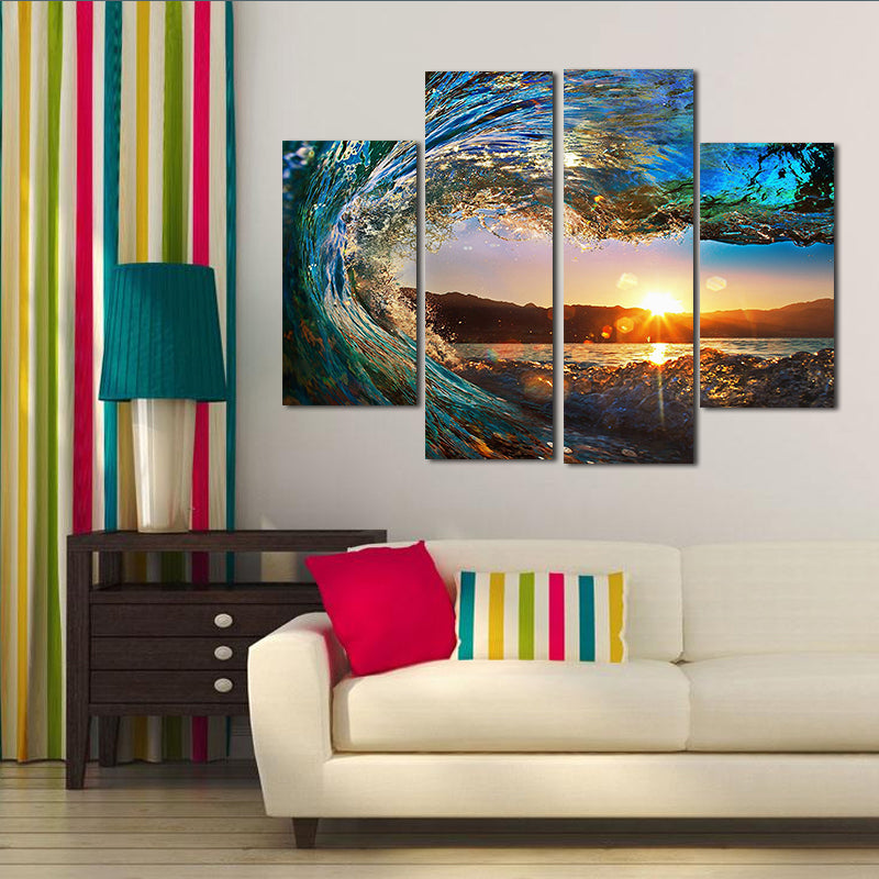 Miico Hand Painted Four Combination Decorative Paintings Wave Sunset Wall Art For Home Decoration