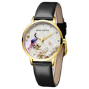 MINI FOCUS MF0330L Fashion Women Peacock Flower Pattern Genuine Leather Quartz Watch