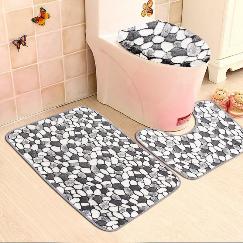 3Pcs Stone Pattern Washable Anti-Slip Soft Bathroom Pedestal Rug Toilet Lid Cover Bathroom Floor Mat Set