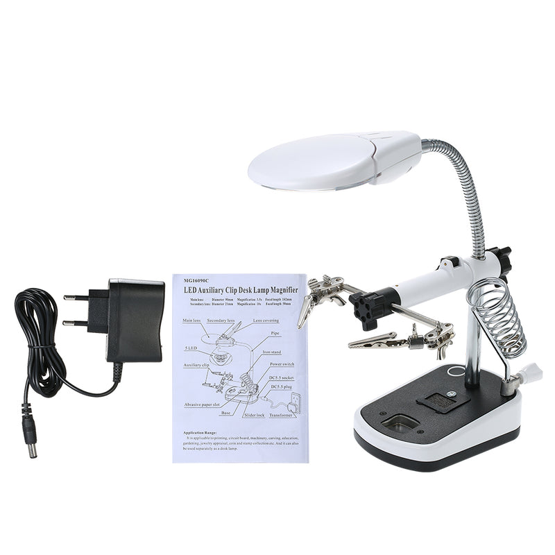 90mm Diameter Magnifier With LED Light Magnifier Soldering Helping Hand  Alligator Clip Stand