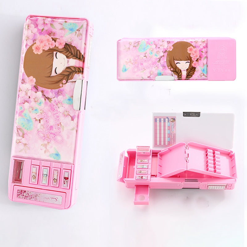 Plastic Cartoon Fancy Stationery Multi-function Pen Box 2 Layer Double Open Multi-layer Pencil Case Holder Students Gift Office School Supplies