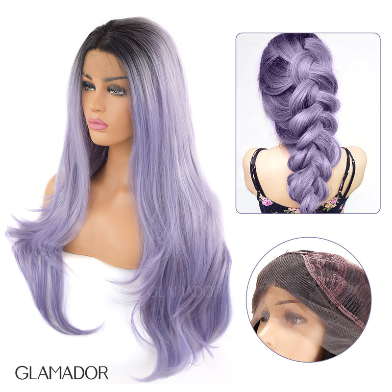 Light blue T color lady's synthetic fiber front lace wig high temperature silk half hand hook long curly hair