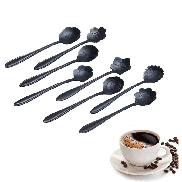 KCASA KC-FS01 Black Stainless Steel Flower Shape Coffee Sugar Spoon Tea Spoon Ice Cream Tableware