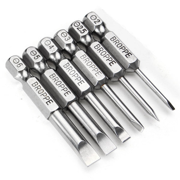 BROPPE 6Pcs 50mm Magnetic 2.0-6.0mm Flat Head Slotted Tip Screwdrivers Bits