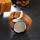 Creative Men Leather Strap Simple Back Aperture Pattern Dial White Needle Quartz Watch