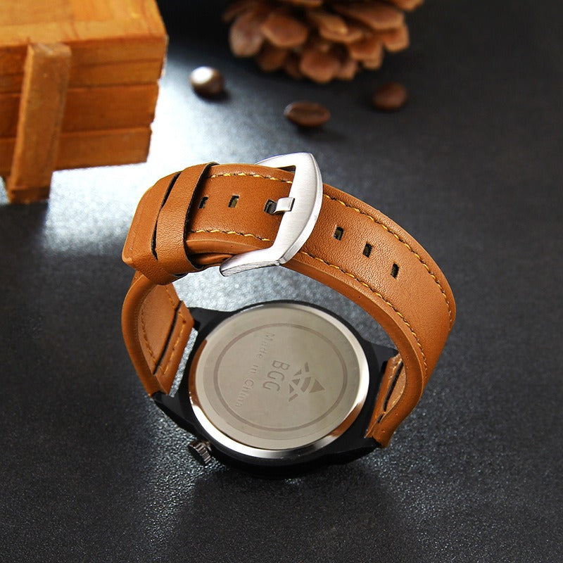 Creative Men Leather Strap Simple Back Aperture Pattern Dial White Needle Quartz Watch