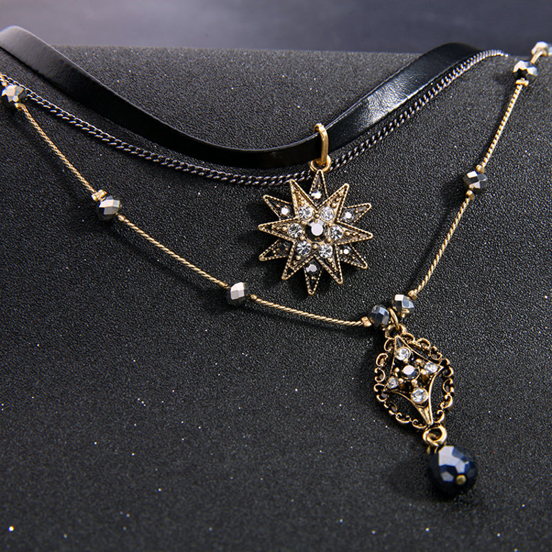 Sweet Multilayer Flower Leather Choker Necklace Water Drop Necklace Ethnic Jewelry for Women
