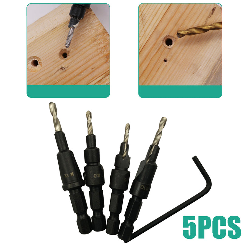 4pcs 6#/8#/10#/12# Hex Shank Carpentry Countersink Drill Bit Set with Wrench Woodworking Tool
