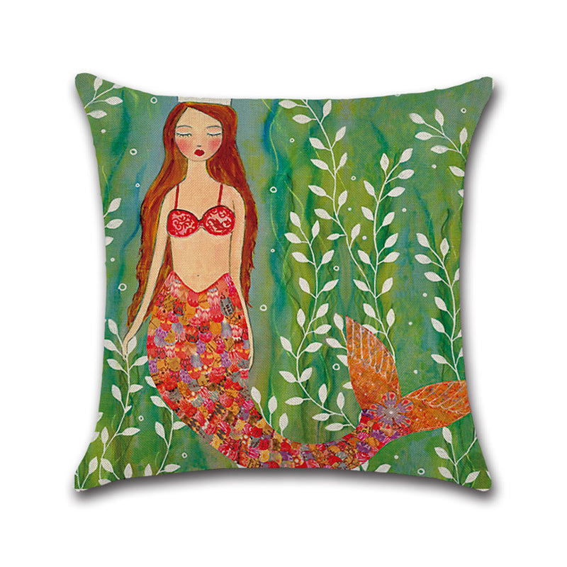 Mermaid Printed Cotton Linen Cushion Cover Square Home Decor Soft Comfortable Pillow Case