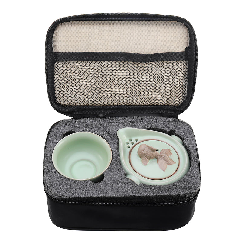 Handmade Chinese Travel Tea Pot Ru Kiln Kung Fu Tea Set Ceramic Teacup Carry Bag