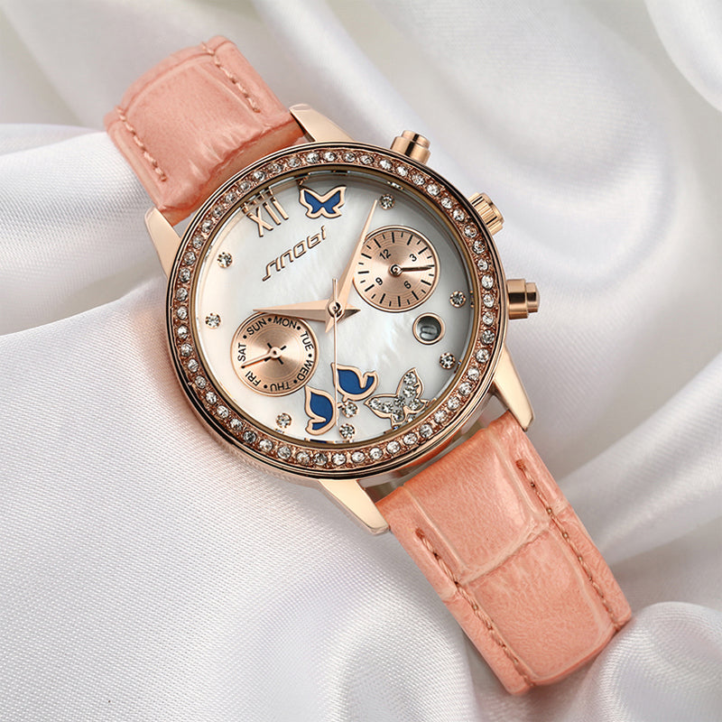 SINOBI 6556 Crystal Case Butterfly Women Leather Strap Ladies Dress Quartz Watch