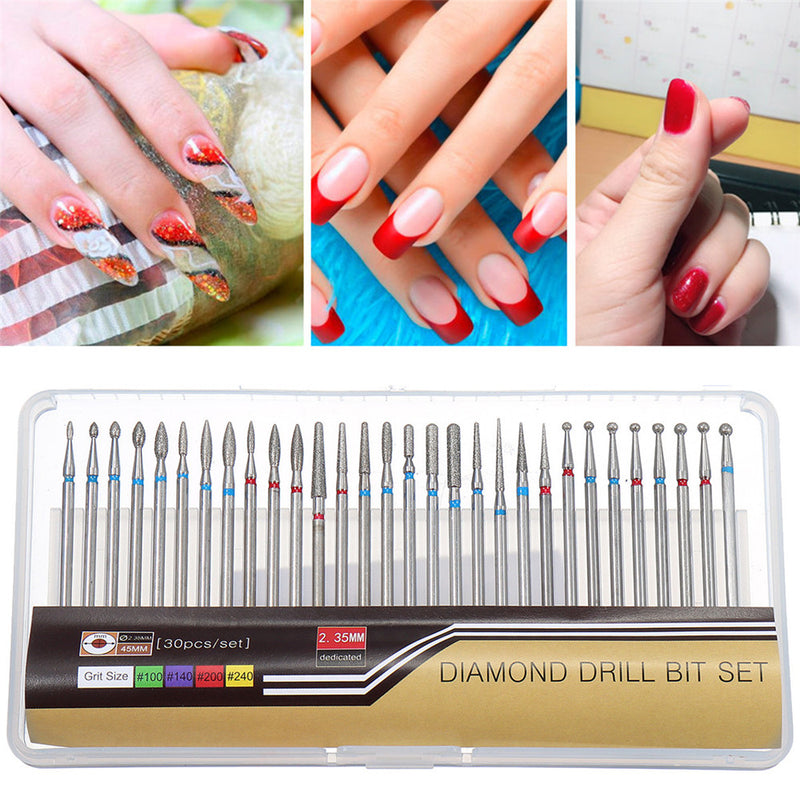 30pcs 3/32 Inch Diamond Nail Drill Bits Set for Art Nail Cuticle Manicure Pedicure Tools