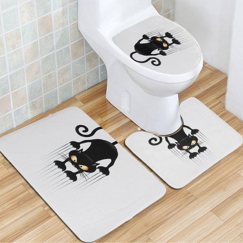 Cat Waterproof Polyester Shower Curtain Bathroom Bathmats Toilet Rugs Cover Mat