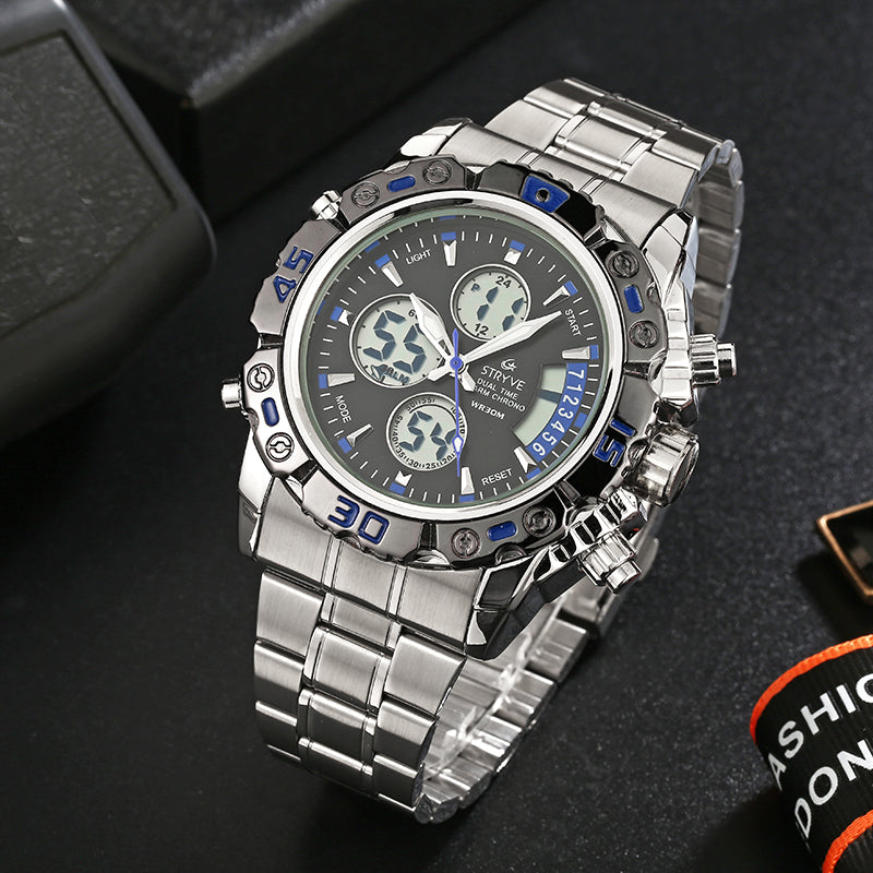STRYVE S8018 Men Full Steel Waterproof Date Week Chrono Alarm Clock Dual Display Digital Watch