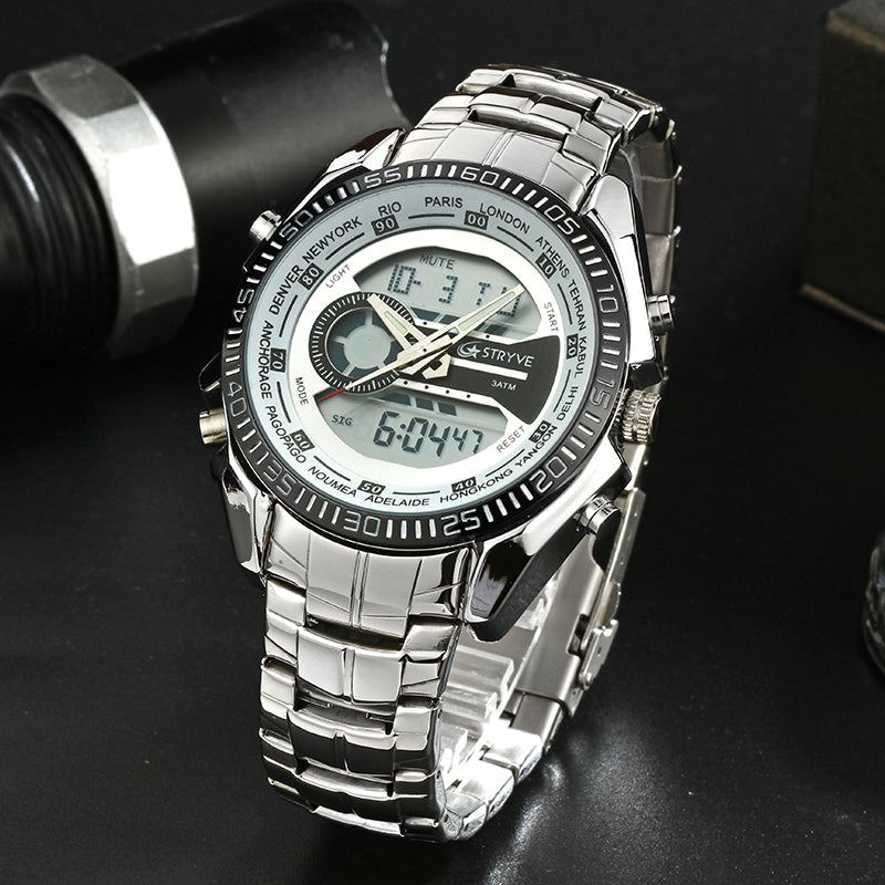STRYVE S8016 Stainless Steel Calendar Stopwatch Chrono Alarm LED Dual Display Digital Watch