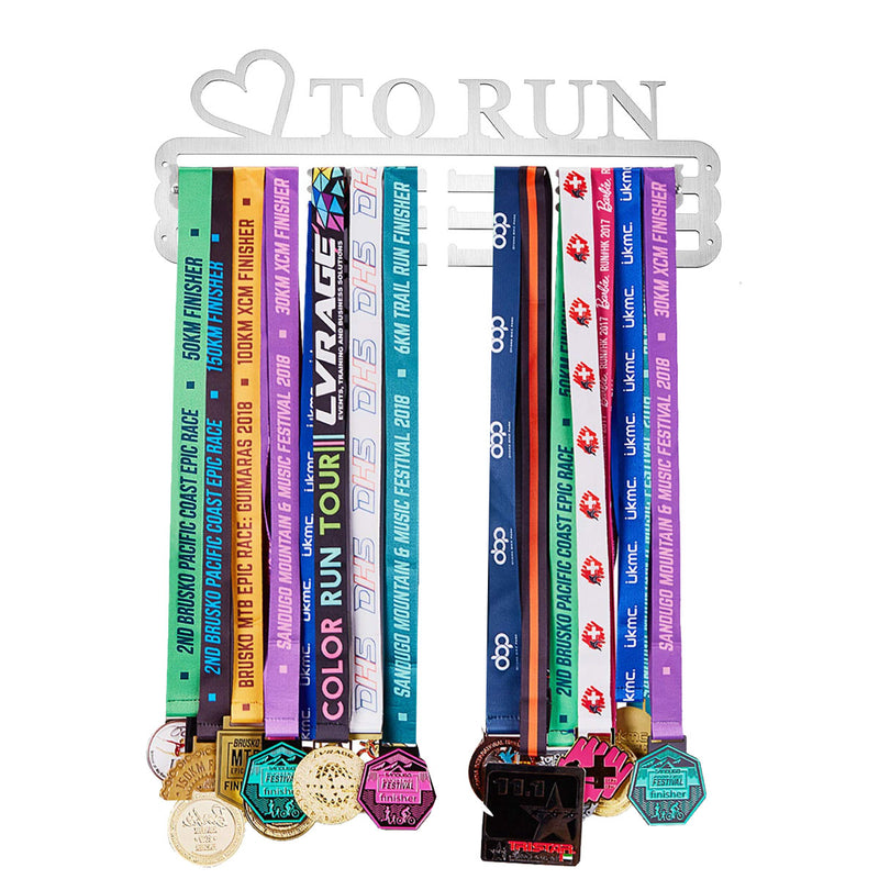 'LOVE TO RUN' Medal Hanger Display Holder Brushed Stainless Steel Wire 36 Medals Hanger 32cm Triple Bar