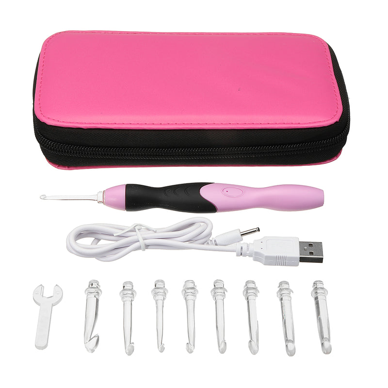 9 In 1 USB Weave Craft Tools Kit LED Light Up Crochet Hooks Knitting Needles Set