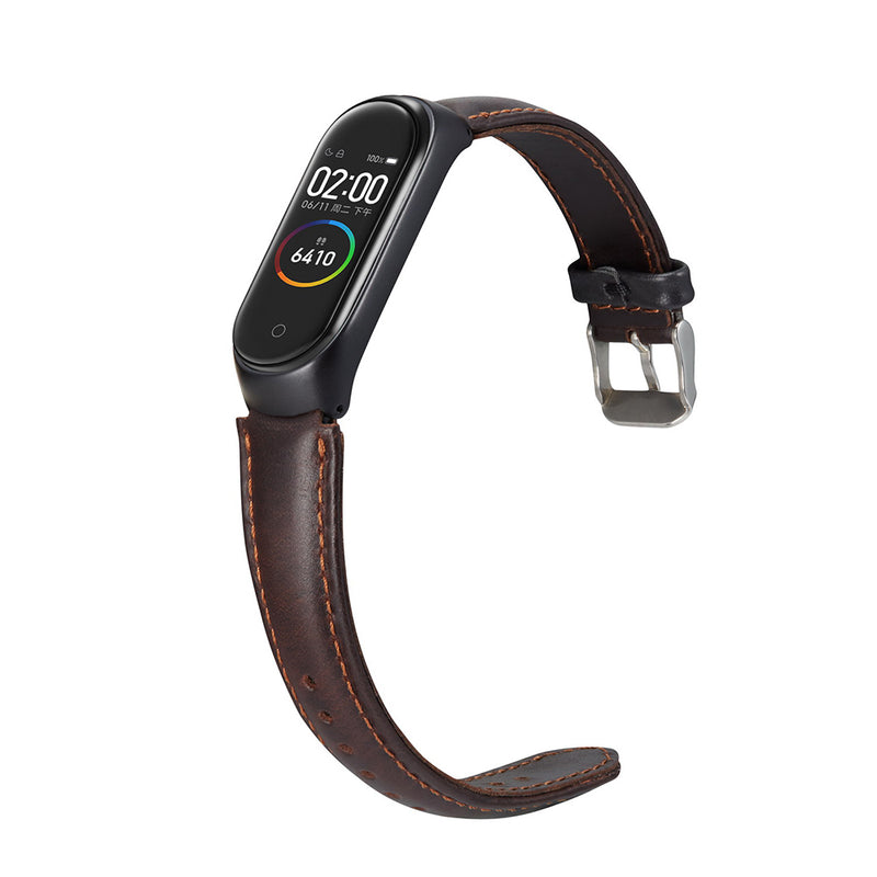 Solid Crazy Horse Pattern Leather Watch Band Watch Strap Replacement for Xiaomi Miband 4