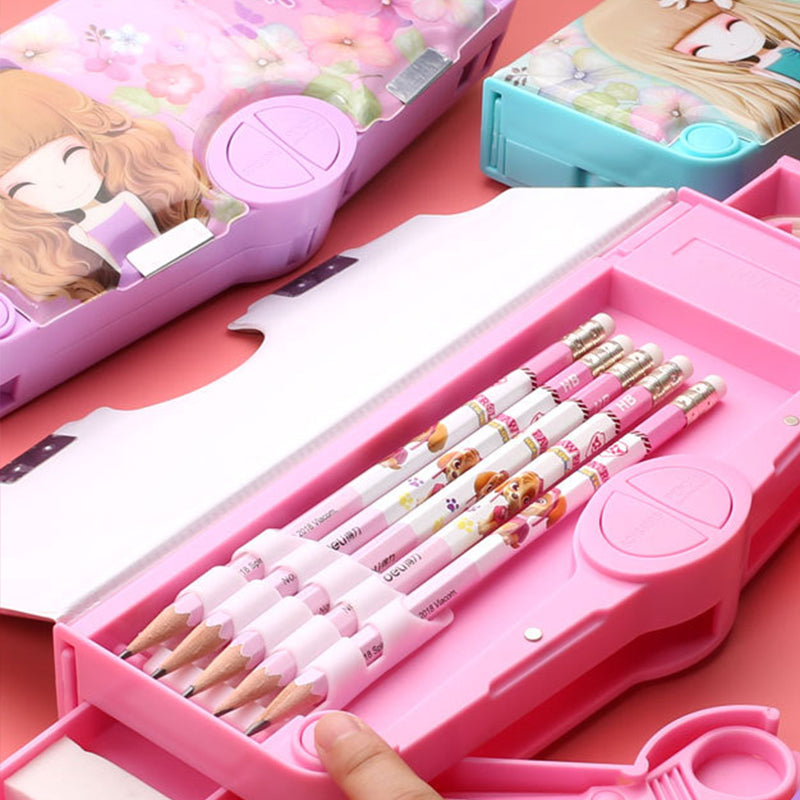 Plastic Cartoon Fancy Stationery Multi-function Pen Box with Sharpener 2 Layer Double Open Multi-layer Pencil Case Student Gift