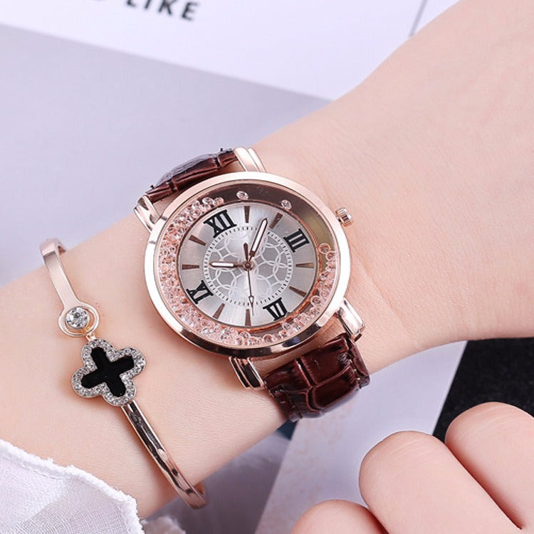 Fashion Rose Gold Flowing Crystal Roman numerals Ladies Dress Bracelet Leather Women Quartz Watch