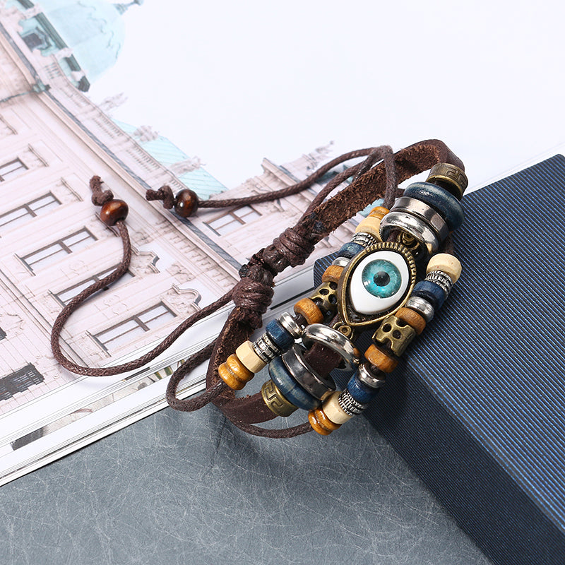 Multilayer Beaded Bracelet Eyeball Hand Woven Artificial Leather Bracelet for Women Men