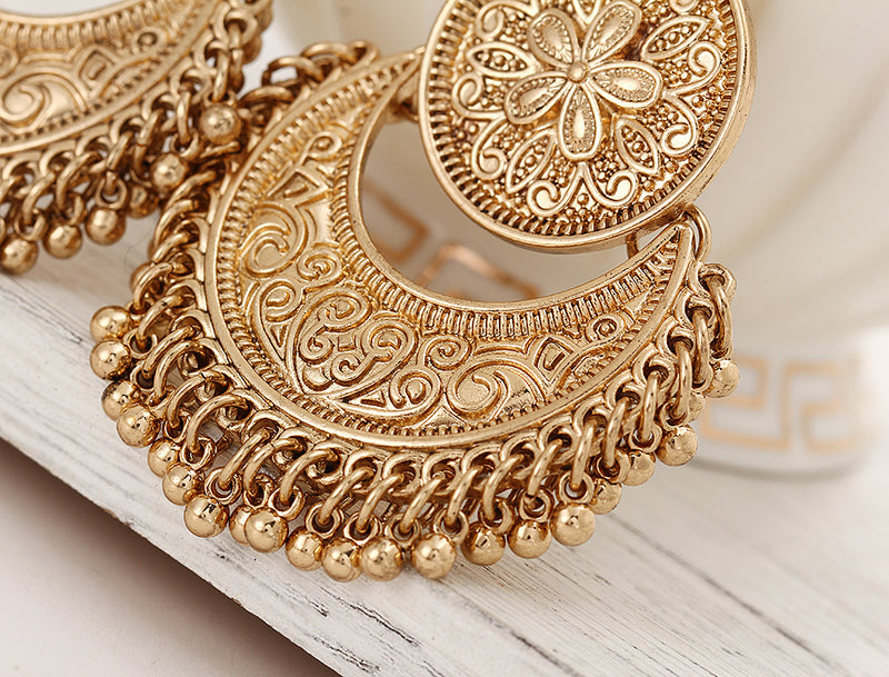Retro Ethnic Tassel Alloy Flower Moon Drop Dangle Earring Jewelry for Women