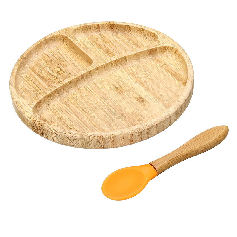 Baby Bamboo Suction Bowl Plate and Matching Spoon Set Kids Put Feeding Bowl