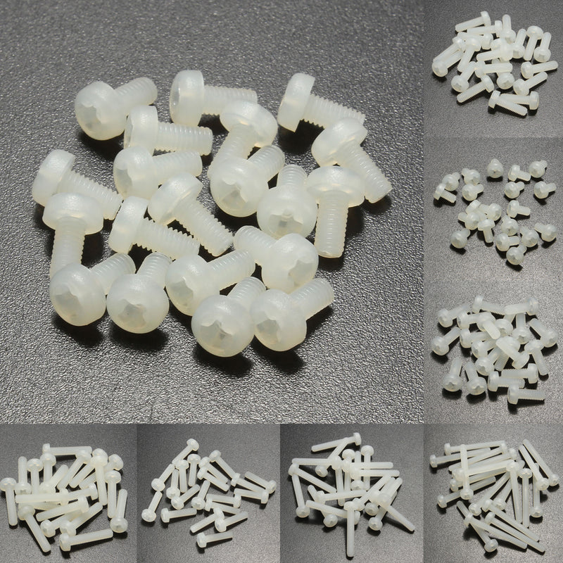 Suleve M3NP2 50Pcs M3 White Round Pillips Pan Head Plastic Nylon Screw Bolt 5/6/8/10/12/15/20/25mm Length
