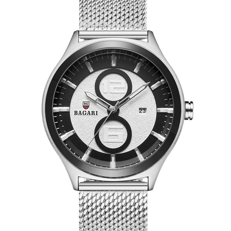 BAGARI 8012W Ultrathin Business Style Men Watch Mesh Steel Band Quartz Watch