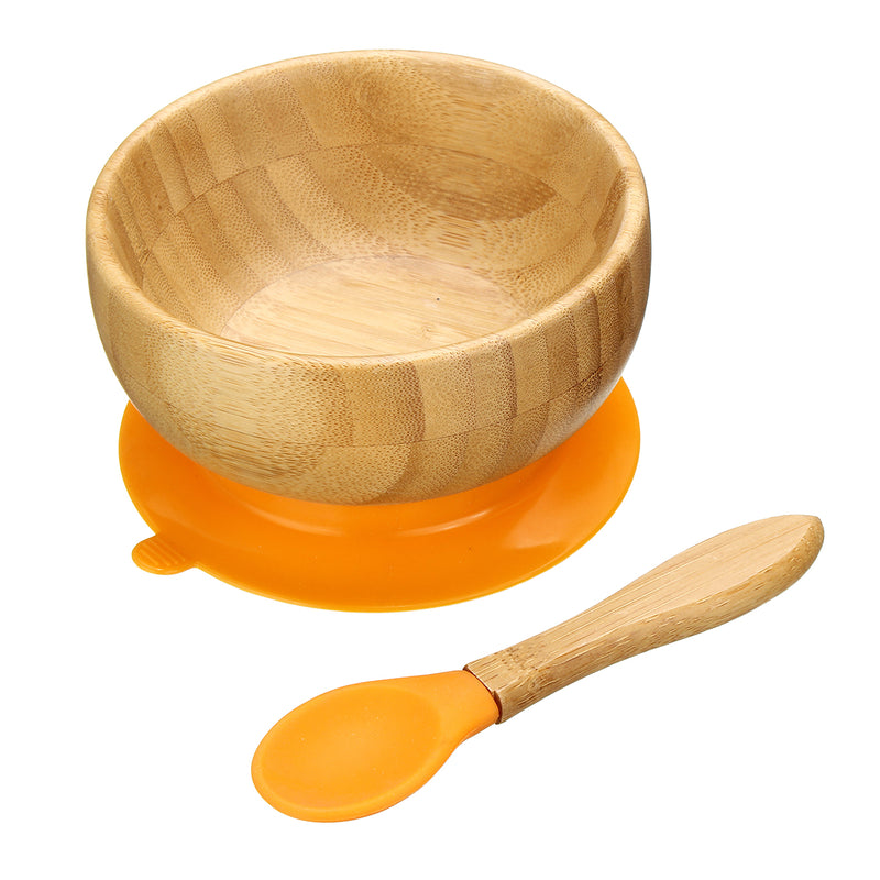 Baby Bamboo Suction Bowl Plate and Matching Spoon Set Kids Put Feeding Bowl