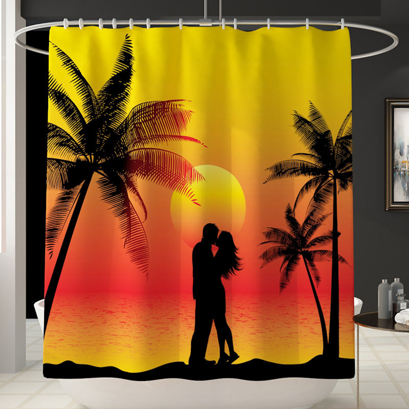 Honana 4PCS Bathroom Waterproof Shower Curtain Summer Seaside Pattern Bathroom Toilet Seat Cover Pedestal Rug Bath Mat