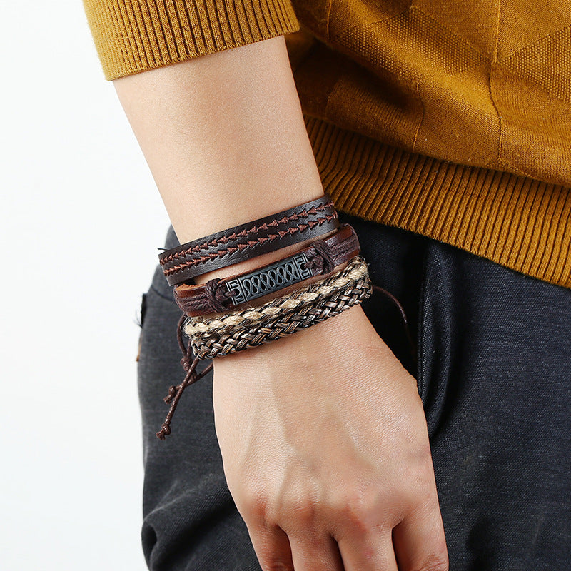 Retro Handmade Weaving Bracelet Set DIY Hemp Rope Bracelet 4 Pieces For Men