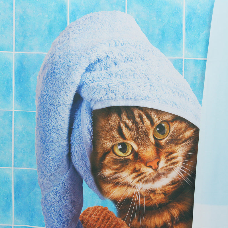 Cat Bathing Bathroom Shower Curtain Waterproof Fabric With 12 Hooks