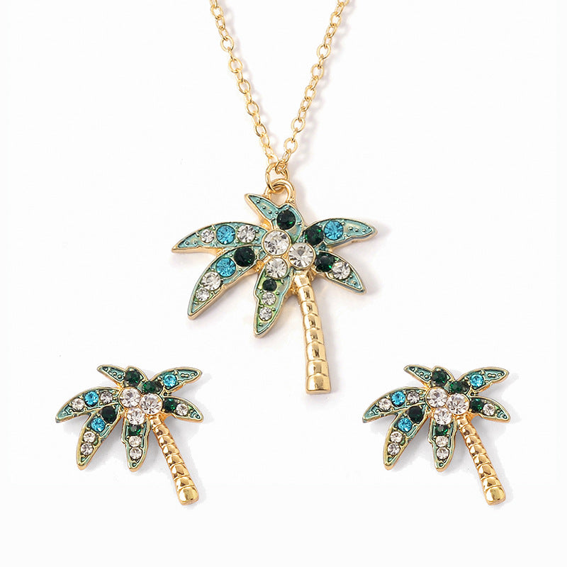 African Coconut Tree Earring Necklace Set Rhinestone Tropical Style Jewelry Set For Women