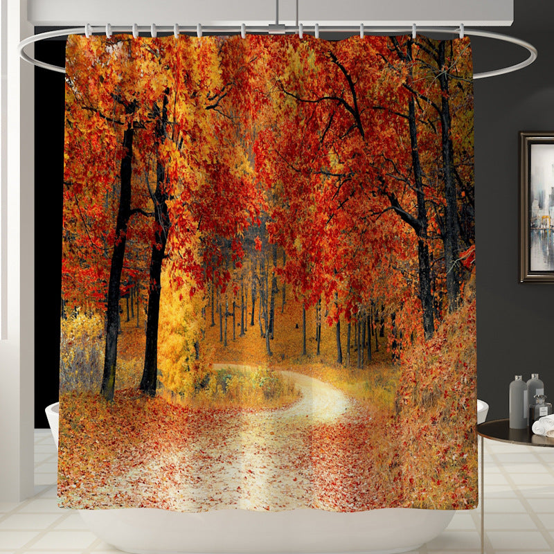 1.8M Maple Prints Bath Shower Curtain Fabric Bathroom Decor Set with 12 Hooks