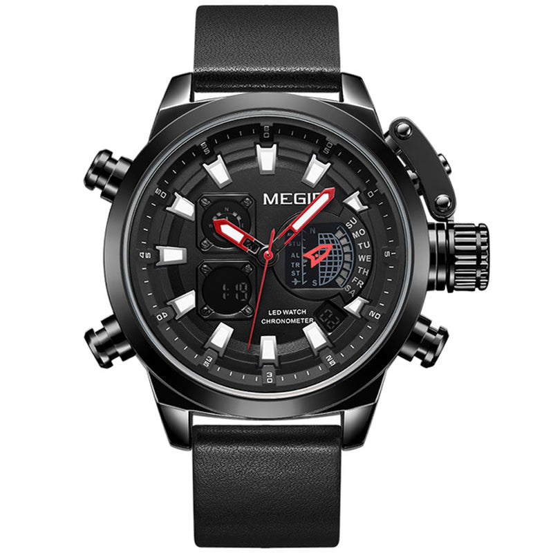 MEGIR 2090 Fashion Men Digital Watch Chronograph Luminous Display Waterproof Leather Strap Dual Display Watch