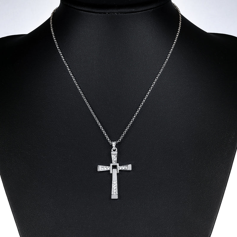 Men Cross Pendant Chain Long Necklace Crystal Alloy