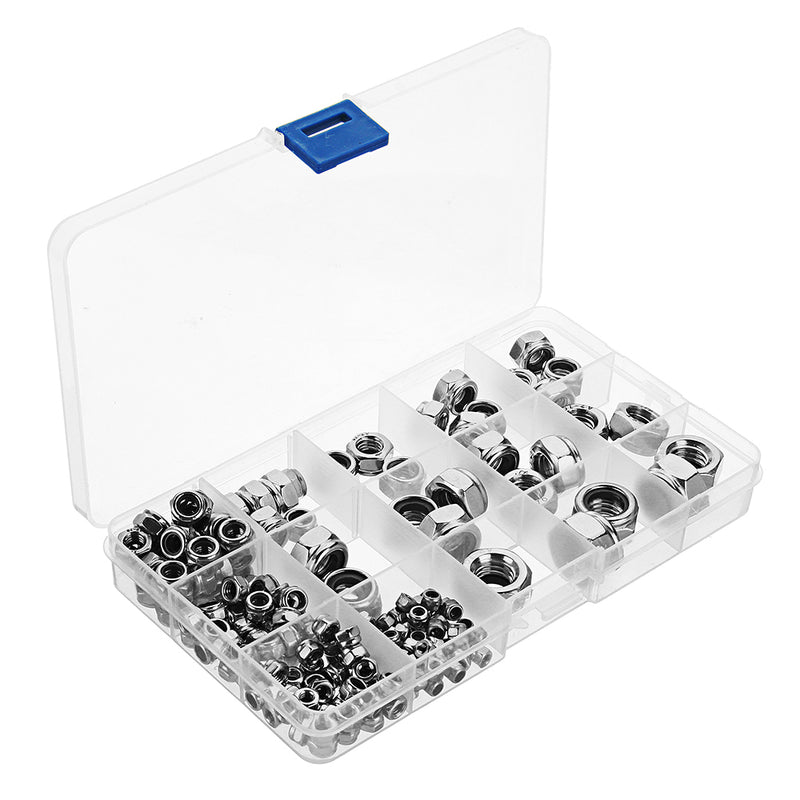 Suleve MXSN4 170Pcs 304 Stainless Steel Lock Nut Assortment M3/4/5/6/8/10/12 Nylon Insert Locknut