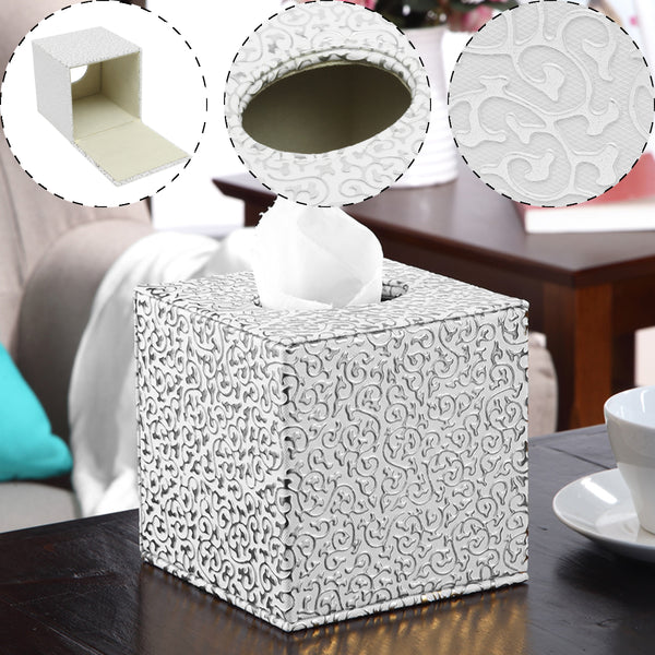 Square PU Leather Tissue Box Toilet Holder Cover Paper Case Home Decor Silver