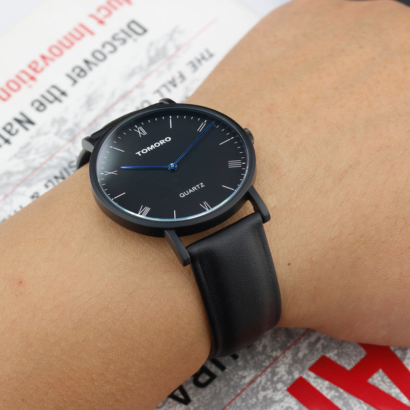 TOMORO TM0818 Fashion Leather Strap Large Dial Blue Pointer Ultra-thin Men Watch Quartz Watch