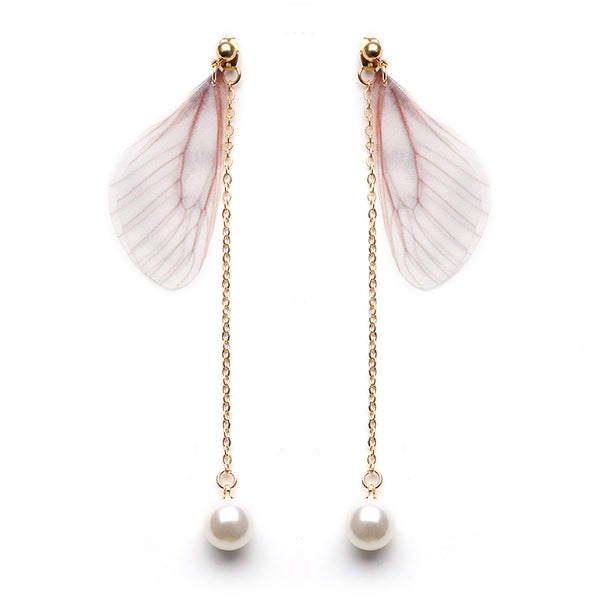 Sweet Chiffon Wings Asymmetric Artificial Pearl Women Earrings