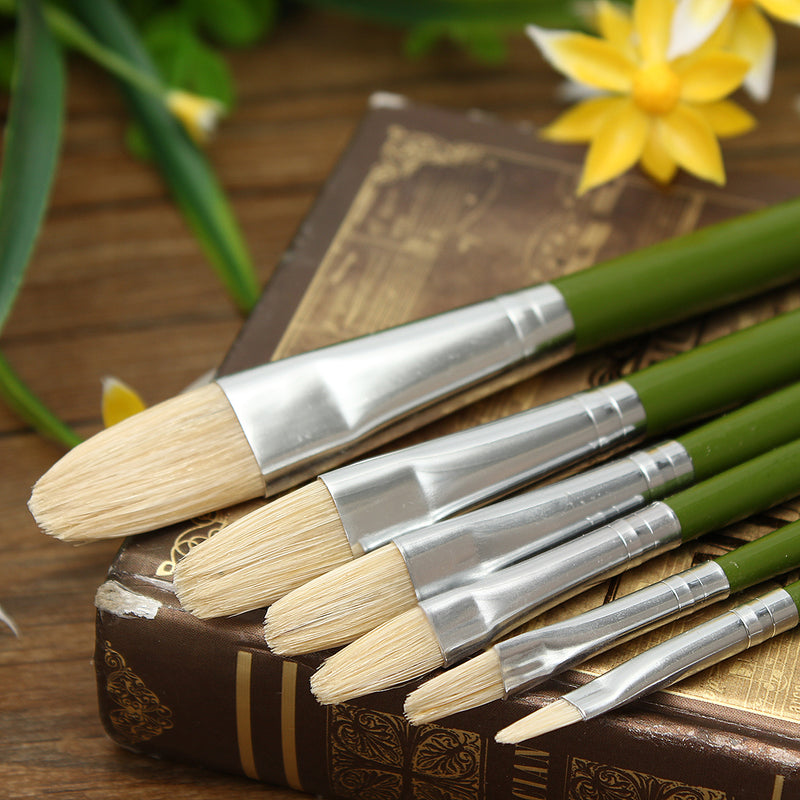 1 Set Green Rod Painting Brush 6 Pcs Paintbrush Long Handle Hair Bristle Painting Brushes Watercolor Oil Acrylic Paint Art Supplies