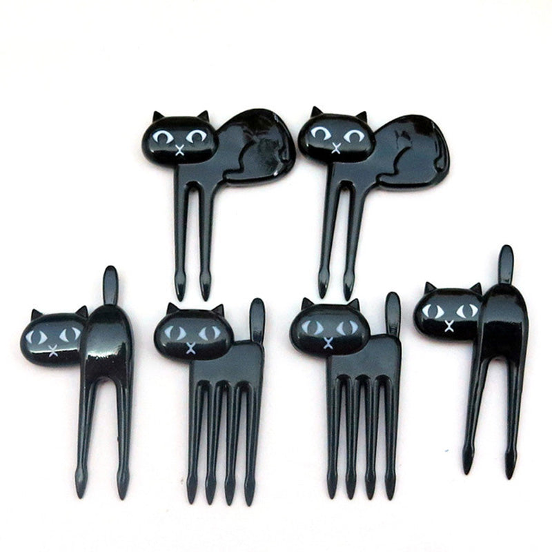 6Pcs Mini Animal Fork Fruit Picks Cute Cartoon Black Cat Children Fork Toothpick Novelties Toys
