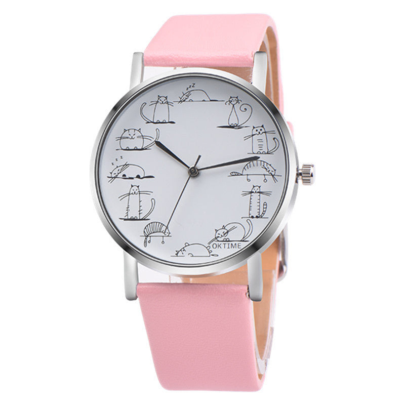 Cute Cat Pattern Fashion Leather Women Quartz Watch