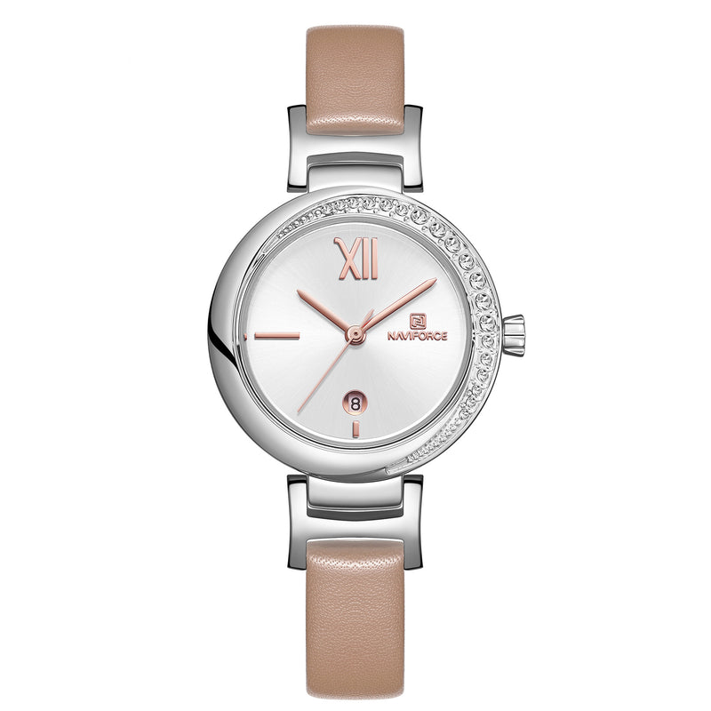 NAVIFORCE 5007 Crystal Casual Style Date Display Women Watch Leather Strap Quartz Watch