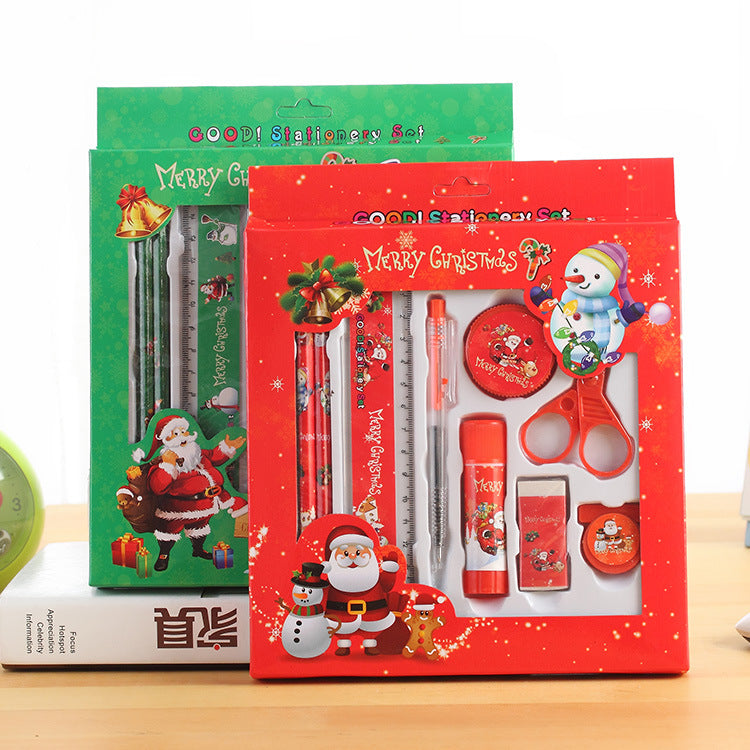 Languotu 817 9 Pcs Christmas Stationery Set Santa Pencils Ruler Eraser Solid Glue Pencil Sharpener Scissors School Students Supplies Christmas Gift Box